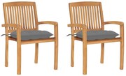 vidaXL Καρέκλες Κήπου 2 τεμ. από Μασίφ Ξύλο Teak με Γκρι Μαξιλάρια