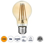 GloboStar® 99037 LED Long Filament Bulb E27 A60 Globe 8W 720lm 360° AC 220-240V IP20 D6 x H10.5cm Ultra Θερμό Λευκό 2200K με Μελί Γυαλί - Dimmable - 3 Years Warranty