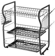 Στεγνωτήριο πιάτων Rosberg R53000O, 3 επίπεδα, Αφαιρούμενοι δίσκοι, Υποδοχές για φλιτζάνια και σκεύη, Μαύρο