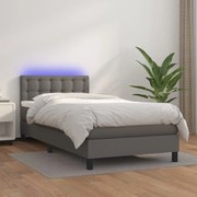 Κρεβάτι Boxspring με Στρώμα &amp; LED Γκρι 90x190 εκ. Συνθ. Δέρμα