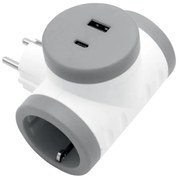 Adeleq Σταυρό Ταφ Σούκο Σε 2 Φις Θηλυκά Με USB Και Type C Θύρες Έως 20W Γκρι-Λευκό 15-884