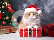 Σετ των 2 Intra Συλλεκτικό Ξύλινο Παζλ Plywood  4mm - Εορταστική γάτα στο κουτί δώρου Χριστουγέννων Σε Ξύλινο Κουτί - Διαστάσεις: 10x10 cm – 25 κομμάτια