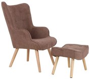 MARON BUTTON Set: Πολυθρόνα Μπερζέρα + Σκαμπό, Ξύλο Φυσικό Ύφασμα Σκούρο Καφέ