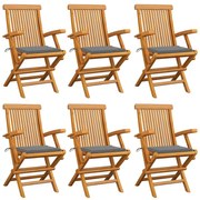 vidaXL Καρέκλες Κήπου 6 τεμ. από Μασίφ Ξύλο Teak με Γκρι Μαξιλάρια