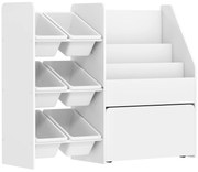 Ράφι παιχνιδιών, ράφι παιδικού δωματίου με 6 δοχεία, ράφι βιβλίων, κυλιόμενο κουτί, 100 x 30 x 80 εκ., MDF, ατσάλι, λευκό