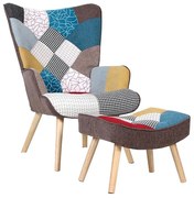 WOODWELL ALMA Πολυθρόνα - Μπερζέρα με Σκαμπό - Υποπόδιο Φυσικό Ύφασμα Patchwork, K/D 69x76x97cm / 52x38x35cm Ε7141,4