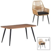 Σετ κήπου Τραπεζαρία Naoki-Tanish 5 τεμ. γυαλί - pe rattan φυσικό - μαύρα πόδια 140x80x78 εκ. 140x80x78 εκ.