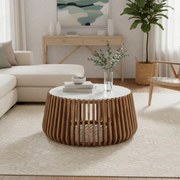 Τραπεζάκι σαλονιού Mable mango ξύλο σε φυσικό με επιφάνεια μαρμάρου Φ80x45εκ 80x80x45 εκ.