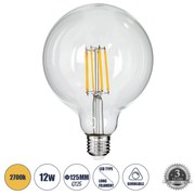 GloboStar 99014 Λάμπα LED Long Filament E27 G125 Γλόμπος 12W 1200lm 360° AC 220-240V IP20 Φ12.5 x Υ18cm Θερμό Λευκό 2700K με Διάφανο Γυαλί - Dimmable - 3 Years Warranty