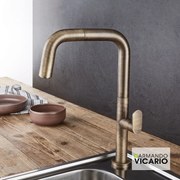 Armando Vicario Eva Μπαταρία Κουζίνας Θερμομικτική με Περιστρεφόμενο ρουξούνι &amp; συρόμενο ντους Antique brass