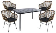 Σετ Τραπεζαρία Κήπου ArteLibre ANNIUS Μαύρο Μέταλλο/Rattan/Γυαλί Με 4 Καρέκλες 14990366