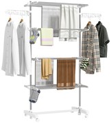Κινητή κρεμάστρα ρούχων με ροδάκια, 4 επίπεδα, πτυσσόμενη, ανοξείδωτο ατσάλι, ανθεκτικό στη σκουριά, λευκό+ασήμι, 142 x 55 x 172 cm