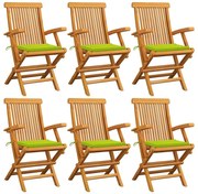 vidaXL Καρέκλες Κήπου 6 τεμ. Μασίφ Ξύλο Teak Φωτεινά Πράσινα Μαξιλάρια