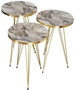 Τραπεζάκια σαλονιού Βοηθητικά Wakmi σετ 3 τεμ γκρι μπεζ μελαμίνη - χρυσό μέταλλο 33x33x55 εκ.