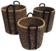 DURUK ΚΑΛΑΘΙ ΜΕ ΛΑΒΕΣ SET 3ΤΜΧ SEAGRASS HOGLA ROPE ΦΥΣΙΚΟ ΜΑΥΡΟ D45-40-35xH45-40-35cm