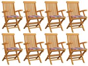 vidaXL Καρέκλες Κήπου 8 τεμ Μασίφ Ξύλο Teak με Κόκκινα Καρό Μαξιλάρια