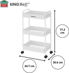 Κινητό ράφι Kinghoff KH 1942, 3 επίπεδα, 4 τροχοί που περιστρέφονται κατά 360 μοίρες, Λευκό