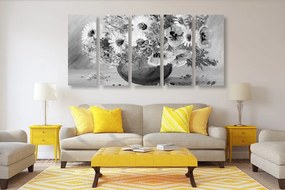 Ελαιογραφία 5 μερών με καλοκαιρινά λουλούδια σε ασπρόμαυρο - 100x50
