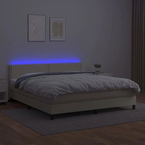 Κρεβάτι Boxspring με Στρώμα &amp; LED Κρεμ 160x200 εκ. Συνθ. Δέρμα - Κρεμ