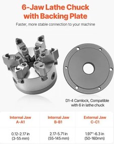 VEVOR 6 in 6-Jaw Self-Centering Lathe Chuck with D1-4 Cam Lock Backing Plate