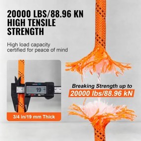 VEVOR Arborist Tree Climbing Rope Double Braid Polyester 1,9 cm (3/4") x 67,1 m (220') 24-Strand