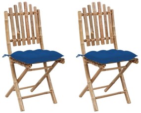 Καρέκλες Κήπου Πτυσσόμενες 2 Τεμαχίων από Μπαμπού με Μαξιλάρια - Μπλε