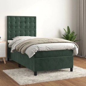 Κρεβάτι Boxspring με Στρώμα Σκούρο Πράσινο 90x190 εκ. Βελούδινο