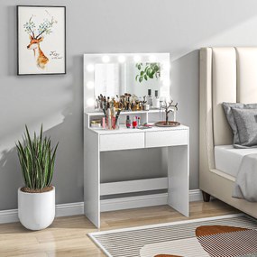 HOMCOM Τουαλέτα με φωτιζόμενο καθρέφτη, συρτάρια, 3 επιλογές φωτισμού, 10 λαμπτήρες, μοντέρνο έπιπλο μακιγιάζ σε λευκό