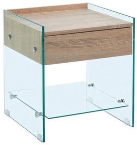 GLASSER Wood Κομοδίνο Διάφανο Γυαλί 10mm - με Συρτάρι Απόχρωση Δρυς