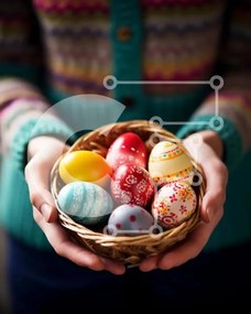 Intra Συλλεκτικό Ξύλινο Παζλ Plywood 4mm - Πολύχρωμα Πασχαλινά αυγά που κρατά γυναίκα Σε Ξύλινο Κουτί - Διαστάσεις: 10x10 cm – 25 κομμάτια