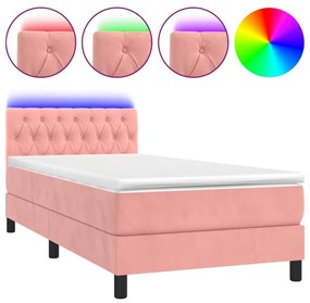 vidaXL Κρεβάτι Boxspring με Στρώμα & LED Ροζ 90x190 εκ. Βελούδινο