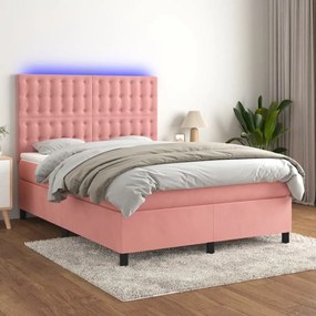 vidaXL Κρεβάτι Boxspring με Στρώμα &amp; LED Ροζ 140x200 εκ. Βελούδινο