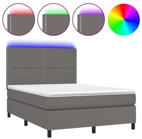 vidaXL Κρεβάτι Boxspring με Στρώμα & LED Γκρι 140x200 εκ. Συνθ. Δέρμα
