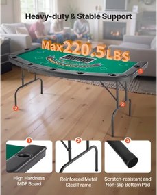 VEVOR 1828.8 mm Folding Poker Table Foldable 7 Player Casino Texas Holdem Table