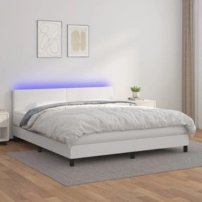 Κρεβάτι Boxspring με Στρώμα &amp; LED Λευκό 160x200 εκ. Συνθ. Δέρμα - Λευκό