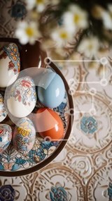 Intra Συλλεκτικό Ξύλινο Παζλ Plywood 4mm - Πολύχρωμα Πασχαλινά αυγά σε ένα πιάτο με λουλούδια Σε Ξύλινο Κουτί - Διαστάσεις: 10x10 cm – 25 κομμάτια