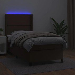 vidaXL Κρεβάτι Boxspring με Στρώμα & LED Καφέ 90x200 εκ. Συνθ. Δέρμα