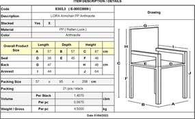 LORA Πολυθρόνα Κήπου Στοιβαζόμενη, PP (Rattan Look) Απόχρωση Ανθρακί   1τμχ