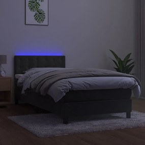 vidaXL Κρεβάτι Boxspring με Στρώμα & LED Σκ. Γκρι 90x200 εκ. Βελούδινο