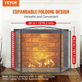 VEVOR Fireplace Screen 3 Panel, Sturdy Iron Mesh Fireplace Screen, 122(L)x76.7(H)CM Spark Guard Cover, No Assembly Required, Free Standing Fireplace Fence Grate for Living Room Home Decor Vintage