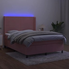 vidaXL Κρεβάτι Boxspring με Στρώμα & LED Ροζ 140x190 εκ. Βελούδινο