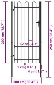 vidaXL Καγκελόπορτα Μονή με Αψιδωτή Κορυφή Μαύρη 1 x 2 μ. Ατσάλινη