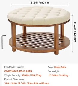 VEVOE Large Round Ottoman Coffee Table, 81 cm Tufted Coffee Table with Solid Wood Shelf Storage, Linen Solid Upholstered Footrest Ottoman for Bedroom Living Room, 350 LBS, Linen Color