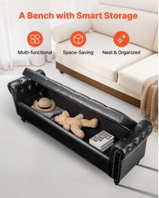 VEVOR Button-Tufted Storage Ottoman Bench Rolled Arm PU Leather Wood Legs Black