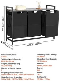 VEVOR 3 Section Laundry Sorter with Pull-Out Bags Metal Frame &amp; Wooden Tabletop