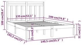 vidaXL Πλαίσιο Κρεβατιού 135 x 190 εκ. από Μασίφ Ξύλο Double