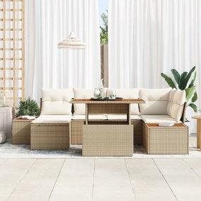 vidaXL Σετ Εξωτερικής Τραπέζης με 7 Κομμάτια και Μαξιλάρια Μπεζ Πολυ Ρατάν και Ακακία