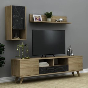 Σύνθεση τηλεόρασης Vinci Megapap από μελαμίνη χρώμα sapphire oak - μαύρο εφέ μαρμάρου 140x29,5x46εκ.