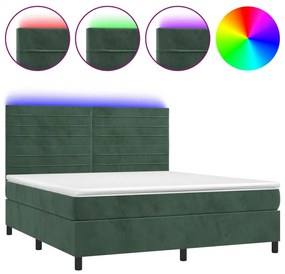 vidaXL Κρεβάτι Boxspring με Στρώμα & LED Σκ. Πράσινο 180x200εκ Βελούδο