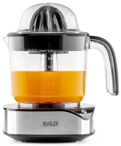 Πρέσα εσπεριδοειδών Muhler MJ-4020, 40 W, 1,2 λίτρα, Dvoposochno κίνηση, Ενδεικτική λυχνία, 2 κώνοι, Cheren/Inox.